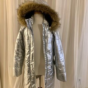 Metallic silver coat with fur lined hood